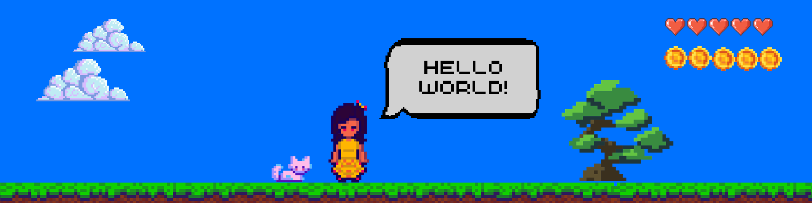 Banner estilo pixel art com a frase Hello World