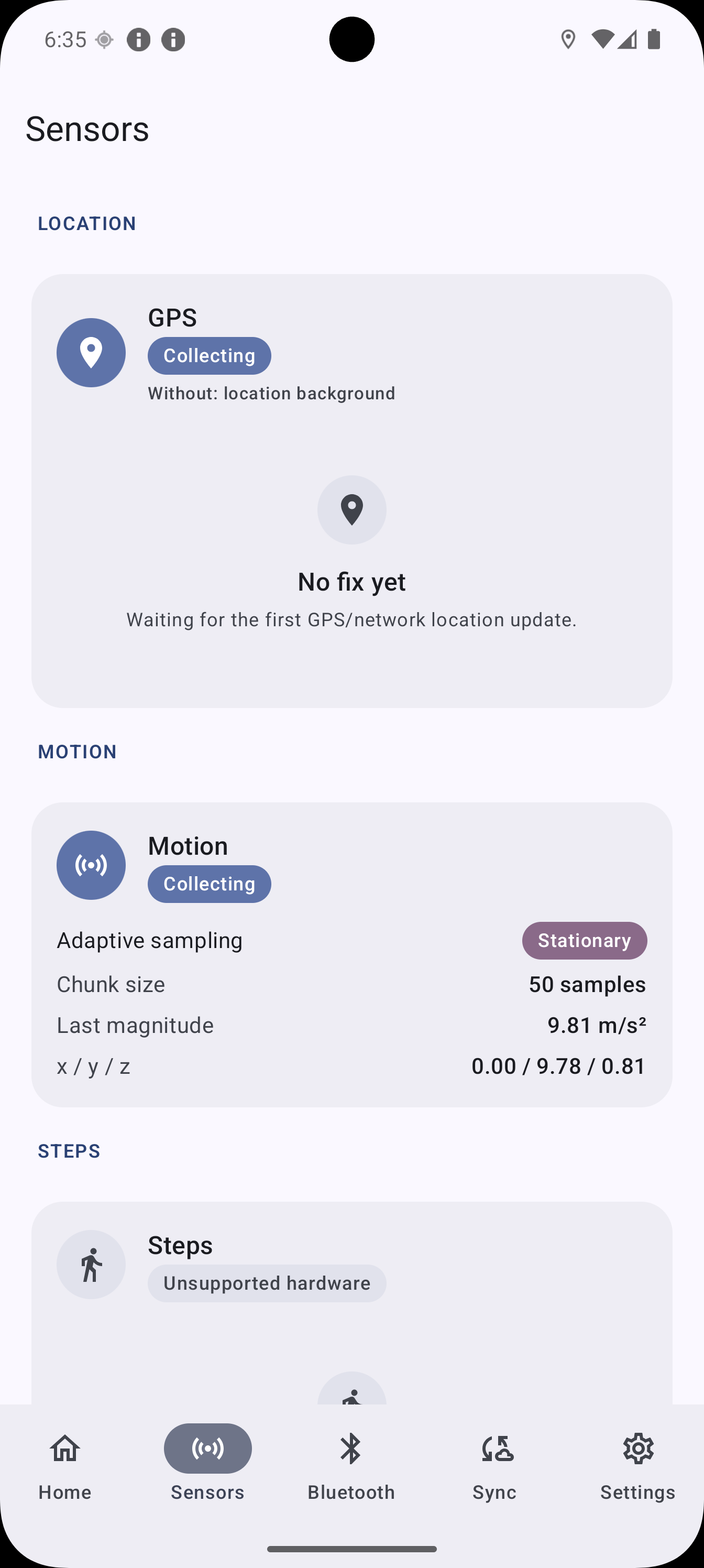 Sensors screen