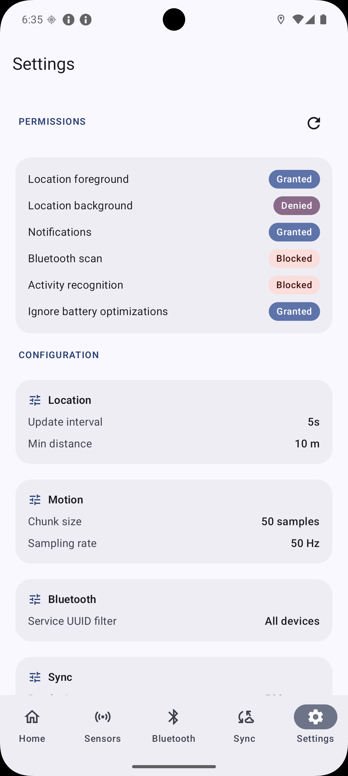 Settings screen