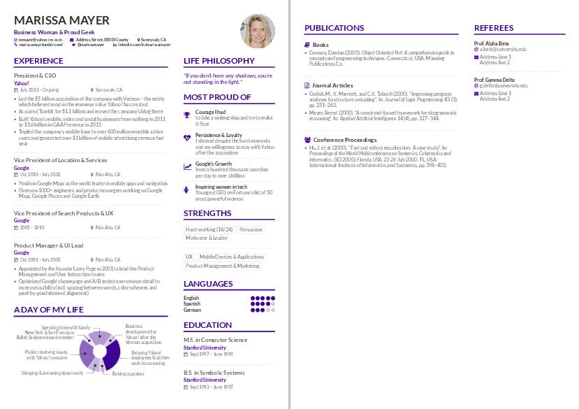 Marissa Mayer's résumé, re-created with AltaCV
