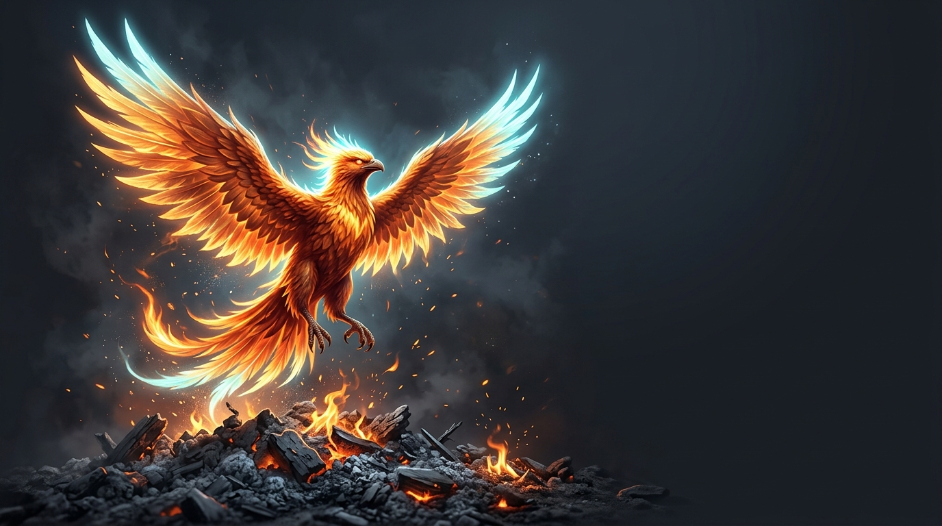 A phoenix rising from dark rubble in ember orange and cyan light