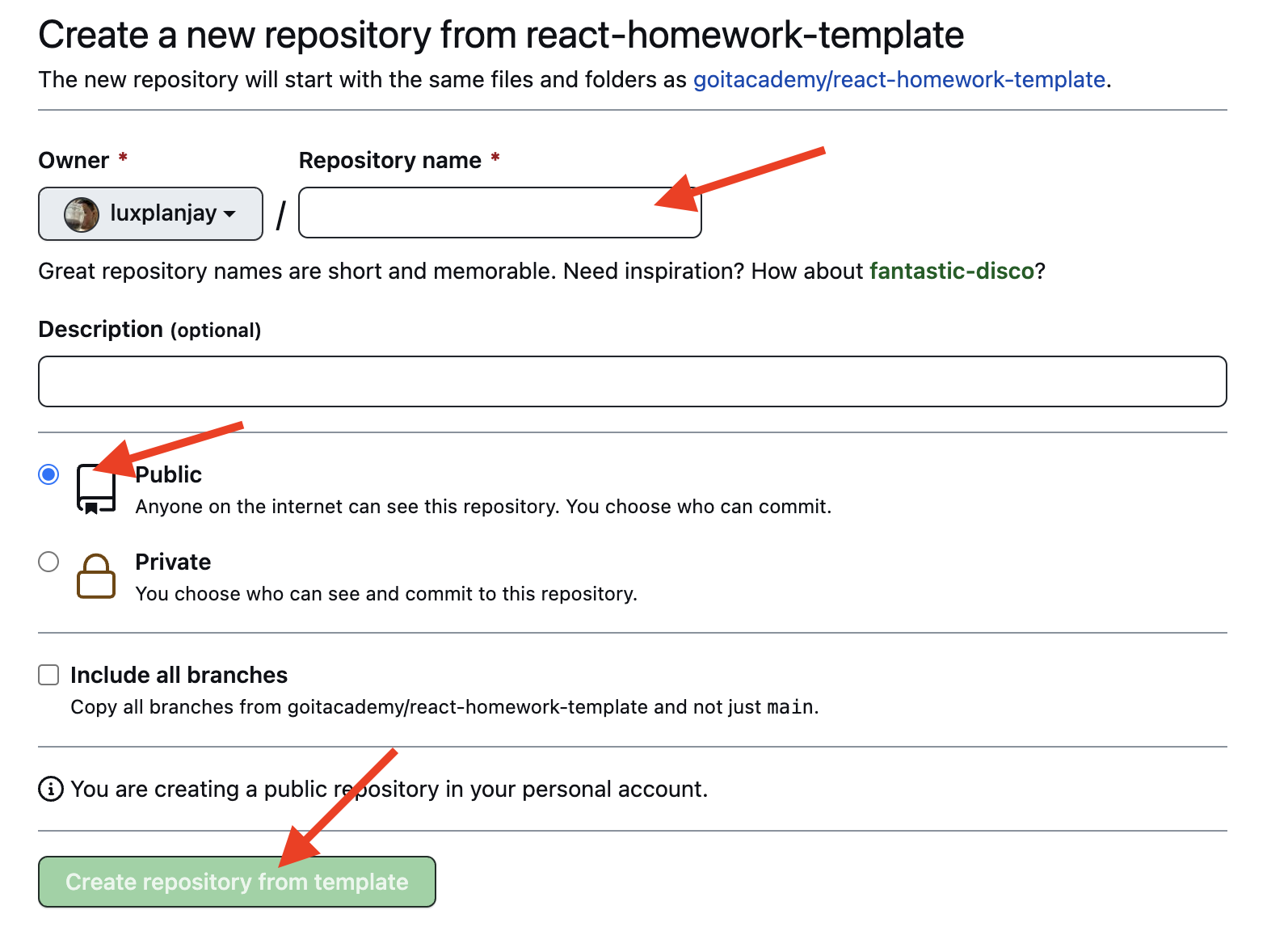 Creating repo from a template step 2