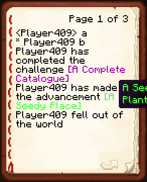 Demonstration of a regular chat message, a /me message, and two advancement messages being logged, with a tooltip
