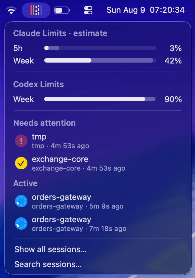 EpiScope menu showing rate limits, sessions that need attention, and active sessions