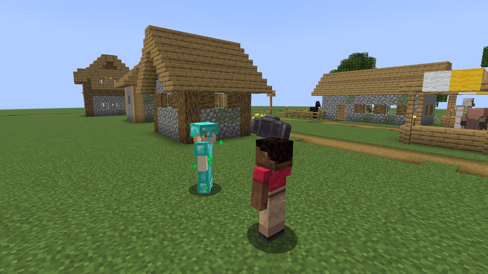A player repairs their teammate's damaged diamond armor with the hammer