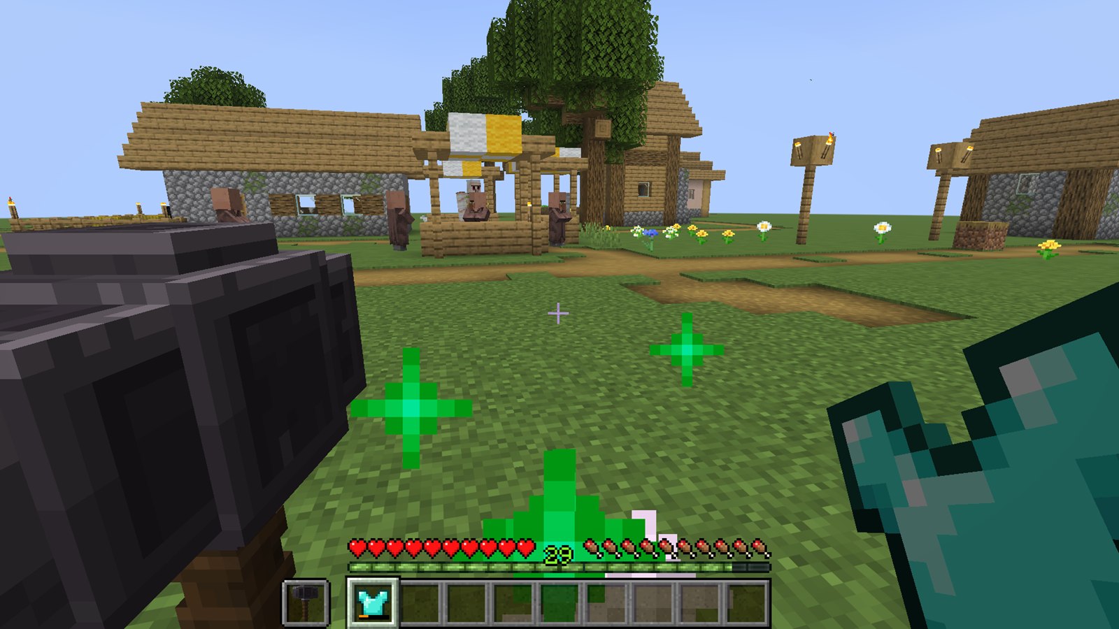First person: hammer in the off hand, damaged diamond chestplate in the main hand