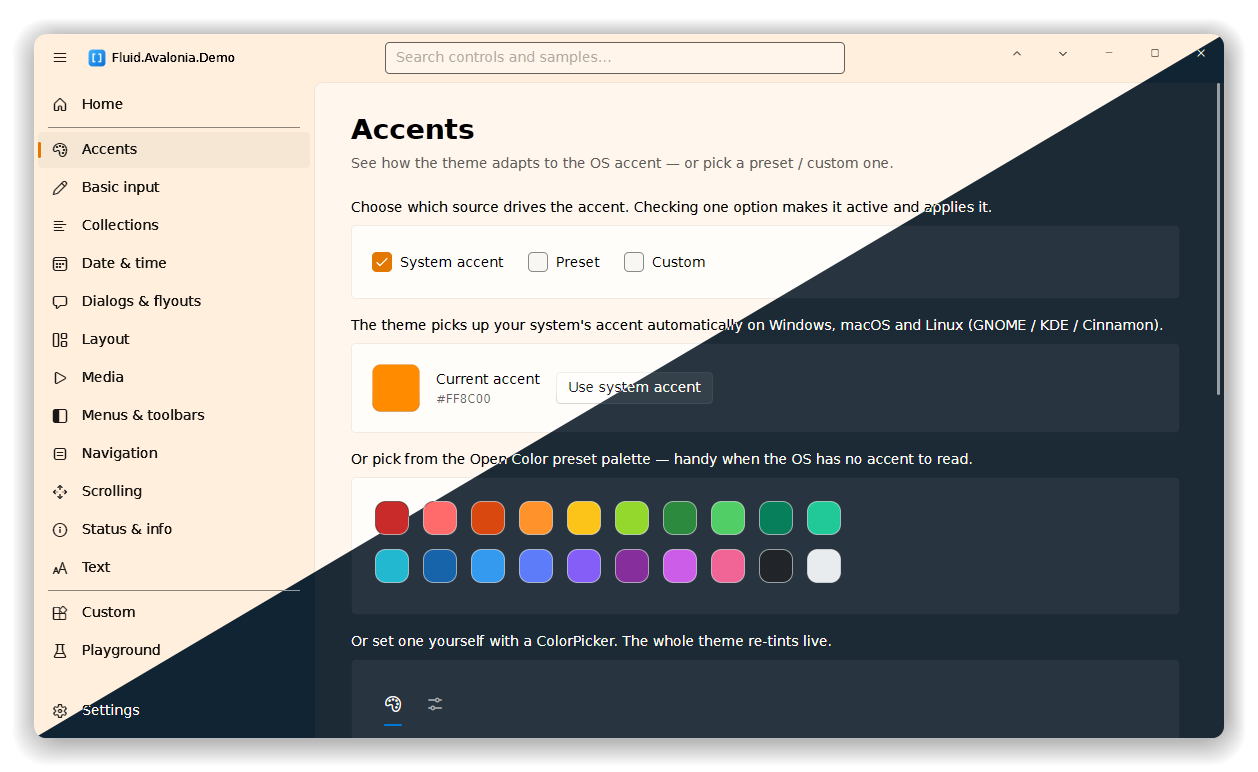 Fluid.Avalonia demo — the Accents page split diagonally between the light and dark themes