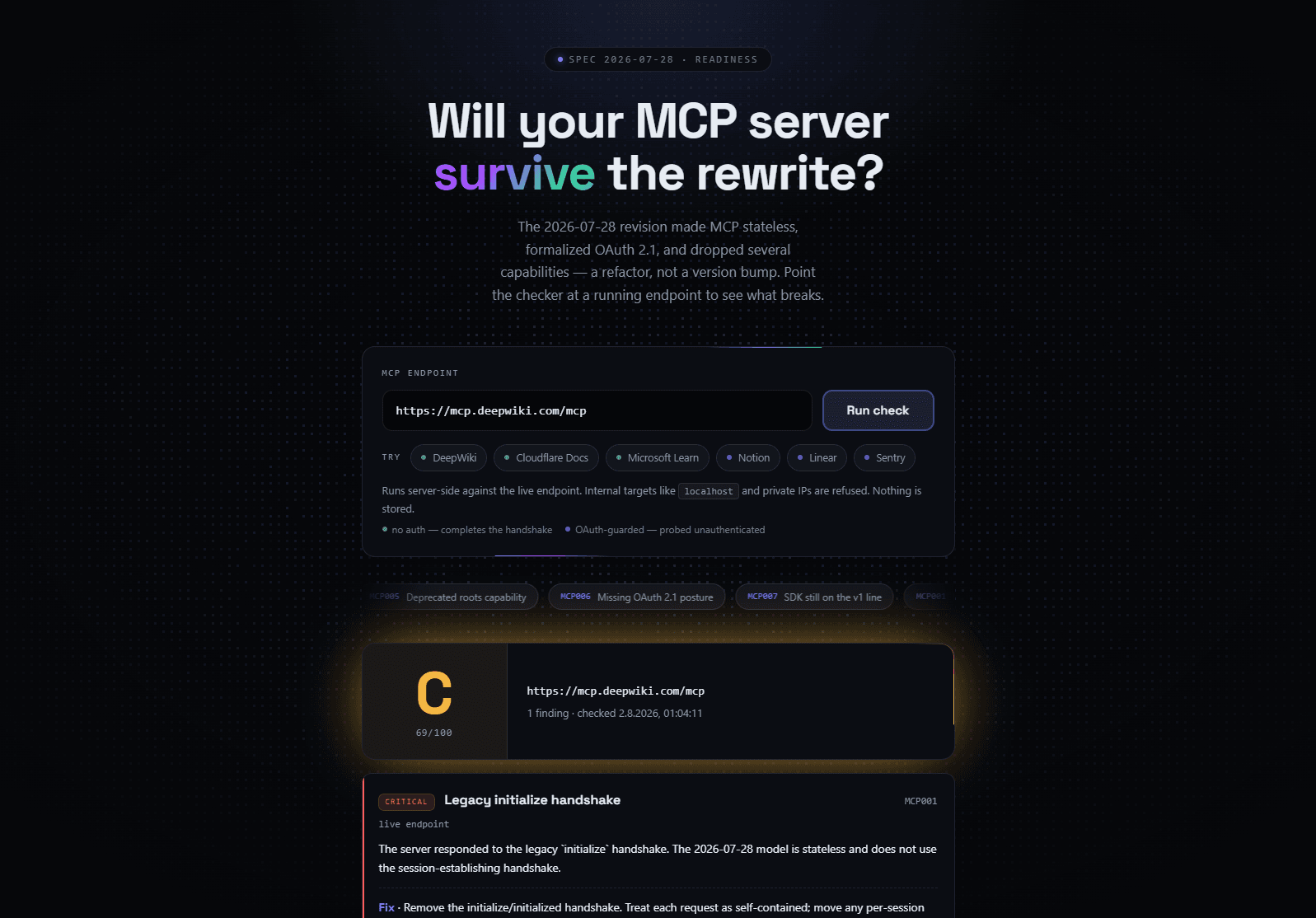 The web demo grading a live MCP endpoint: a C, one critical finding for the legacy initialize handshake, with the fix and a link to the spec section it derives from