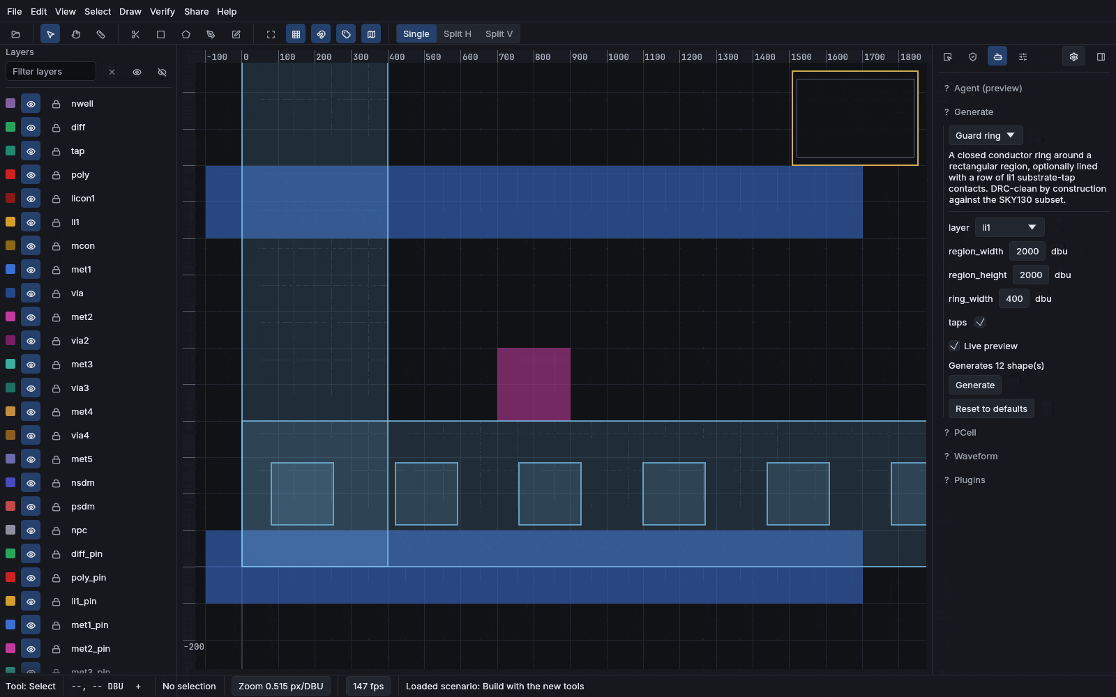 Selecting the guard-ring generator, growing its region, placing the ring, then a 5x5 via farm, each one undo step