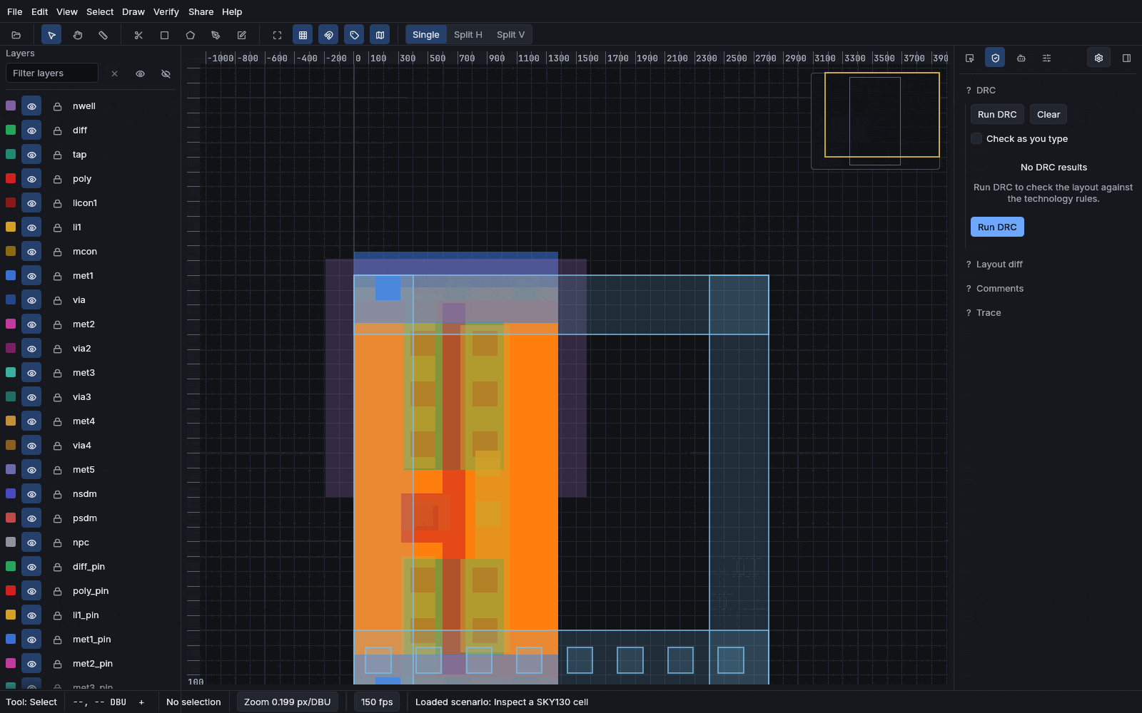 A SKY130 standard cell rendered in full color, a zoom into its transistors, then its layers orbiting as an extruded 3D stack