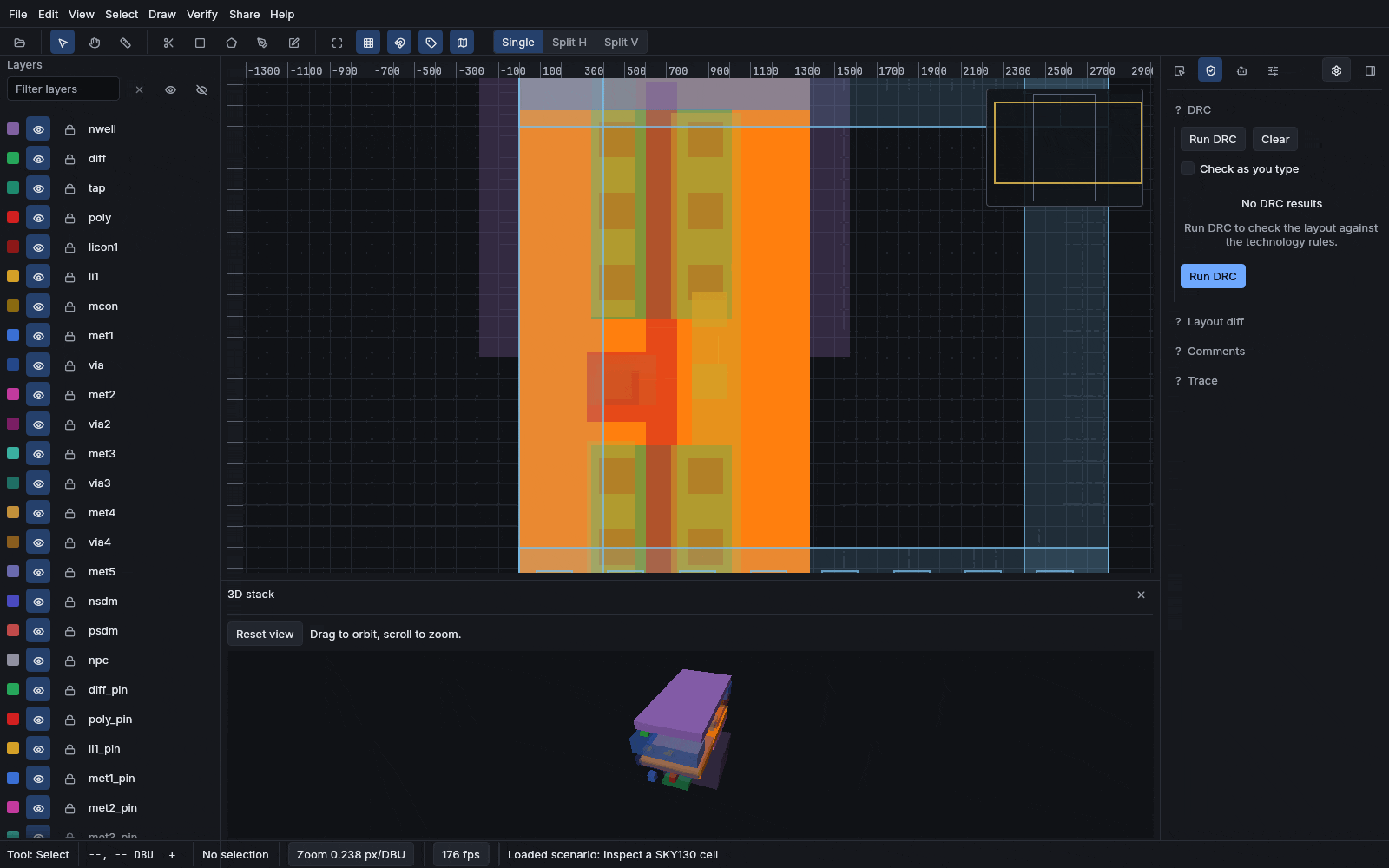 Orbiting the extruded 3D layer stack of a SKY130 cell, the metal, poly, and diffusion layers reading in depth