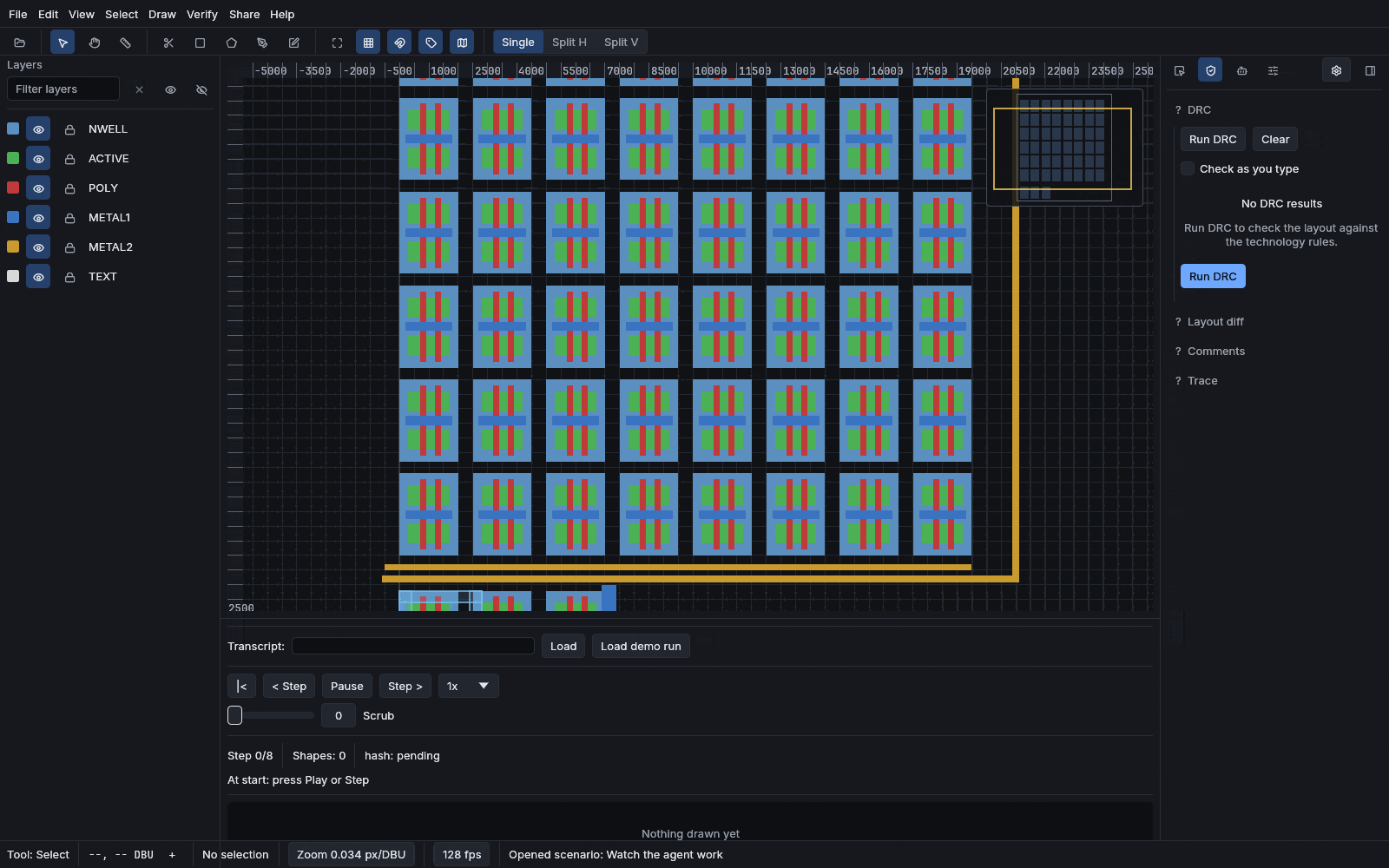 The replay theater plays a recorded propose-verify-correct agent run over a standard-cell array, the step counter and violation count advancing