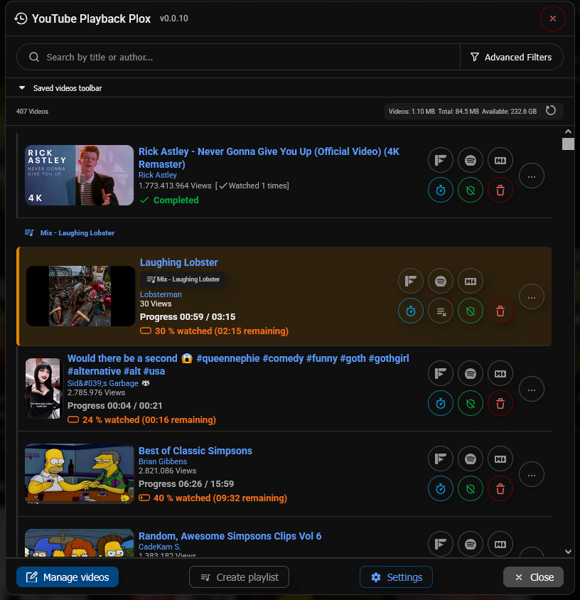 Example of modal to view saved videos