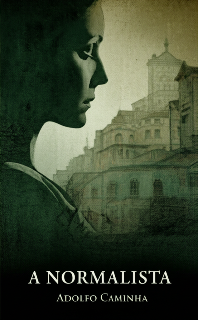 Uma imagem vertical (9:16) com predominância de tons escuros e opacos, evocando uma atmosfera de opressão. Em primeiro plano, uma silhueta feminina pálida e quase translúcida, com traços suaves e quase imperceptíveis, está em uma pose de sofrimento contido ou resignacao, as mãos levemente enrugadas e caídas sobre o colo. No fundo, um borrão de cores opacas representando um cenário urbano cinzento e nebuloso, com apenas alguns pontos de luz tênues que se assemelham a lâmpadas a gás. O estilo é quase monocromático, utilizando tons de cinza, azul-escuro e um leve toque de marrom terroso. A textura da imagem é levemente granulada, lembrando uma pintura antiga e desbotada.