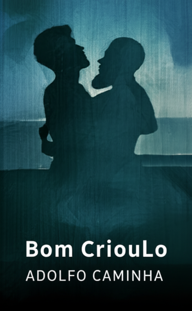 Uma capa com formato vertical (9:16) dominada por tons escuros de azul-marinho e verde-escuro, representando o ambiente marítimo e a atmosfera opressora do navio. No centro, uma sutil silhueta de dois homens abraçados, quase invisíveis, porém insinuando a relação central da narrativa. Um fundo com traços finos e estilizados de ondas que se agitam sugere a turbulência dos sentimentos e do destino dos personagens.  Há uma leve névoa em tons de cinza que confere à imagem um ar melancólico e misterioso, destacando o tema da repressão e do segredo.