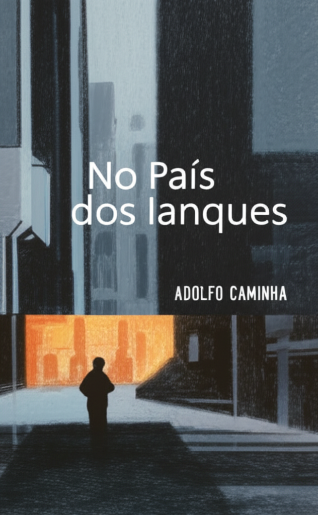 Uma capa com formato vertical (9:16) apresenta uma paleta de cores escuras e desbotadas, dominada por tons de marrom-acinzentado e um azul-escuro opressivo, representando a melancolia e a dureza da vida imigrante.  No centro, uma figura humana solitária, quase em silhueta, está de costas, olhando para um horizonte de arranha-céus imponentes e distantes, porém frios e sem perspectiva de acolhimento. A textura da imagem sugere uma sensação de granulação, como uma fotografia antiga e desbotada, reforçando o sentimento de nostalgia e saudade.  Em primeiro plano, discretos detalhes sugerem a pobreza: um pedaço rasgado de jornal e uma mala velha e surrada.