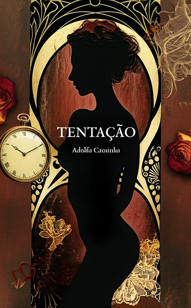 Uma capa com formato vertical (9:16) que apresenta uma composição em tons escuros, predominantemente vermelhos escuros e marrons, com pinceladas de amarelo-sujo e dourado. A imagem central é a de um rosto feminino parcialmente escondido por uma véu translúcido, indicando mistério e sedução.  Em segundo plano, figuras borradas, quase abstratas, sugerem um ambiente de festa decadente em um bordel, com silhuetas de homens e mulheres em poses insinuantes.  Há um foco suave no rosto feminino, contrastando com a penumbra do ambiente ao redor. O estilo artístico é uma mistura de Art Nouveau e Expressionismo, com traços sinuosos e formas orgânicas que denotam a sensualidade e o lado sombrio da narrativa.