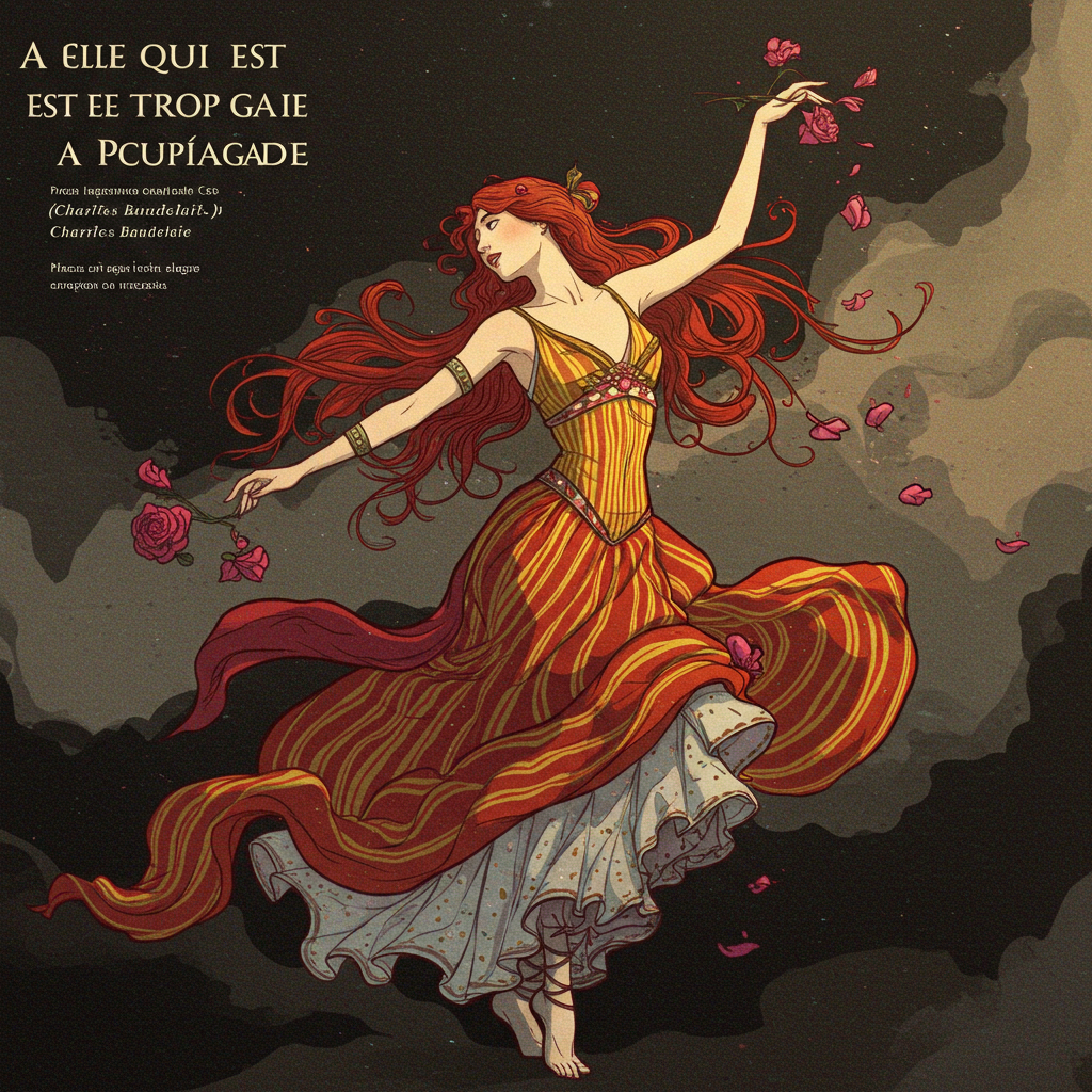 Uma figura feminina etérea, vestida em tecidos esvoaçantes de cores vibrantes como vermelho carmesim e amarelo dourado, dança em um fundo sombrio e turvo. A luz incide sobre ela, mas sombras espreitam em suas bordas. Rosas pretas espalhadas pelo chão contrastam com a vivacidade da figura, criando uma sensação de beleza perturbadora e dualidade.