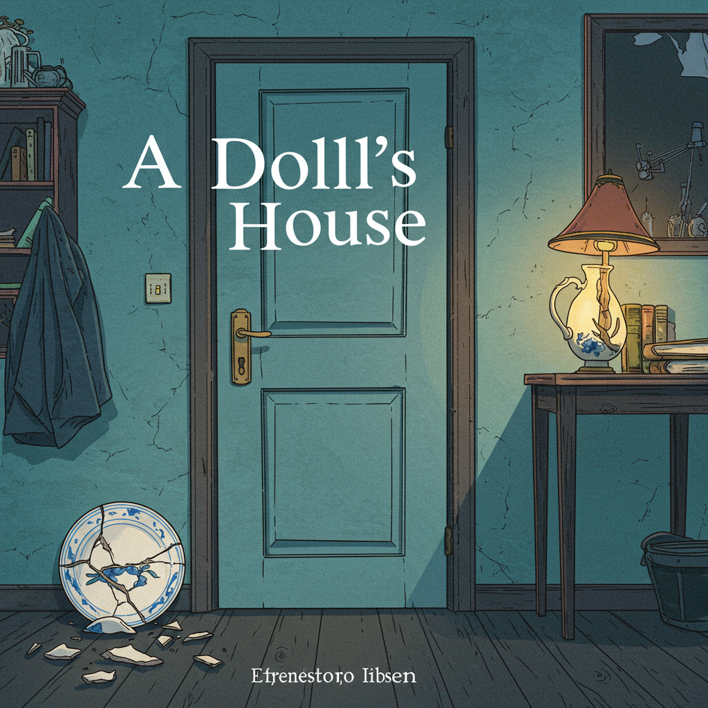 Uma porta fechada em tons de azul-acinzentado, com uma rachadura sutil na madeira, iluminada por uma fresta de luz amarelada que escapa por baixo. Ao lado da porta, uma boneca de porcelana quebrada no chão, com um vestido em tons pastel esmaecidos. O estilo é realista, mas com um toque melancólico e sombrio.