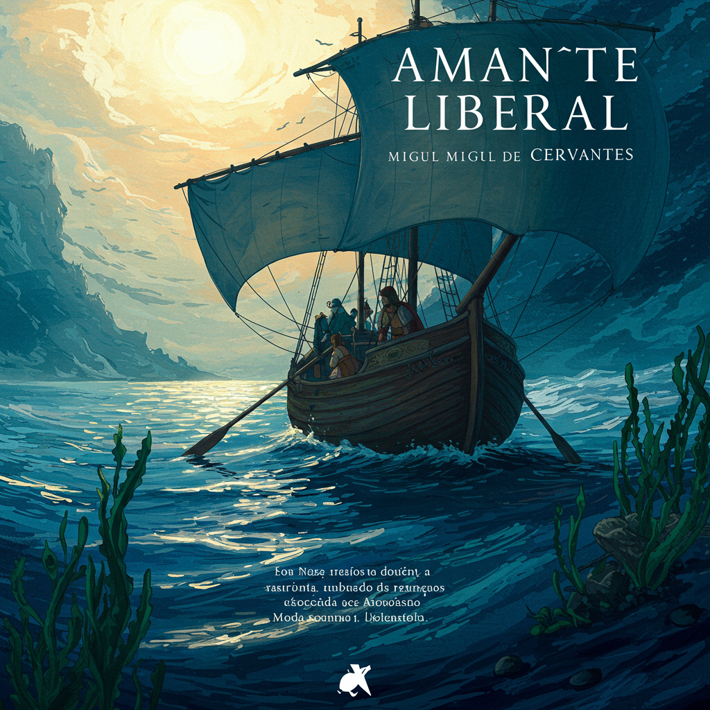 Uma capa vertical em tons de azul profundo e dourado. Ao centro, a silhueta de um navio à vela recortada contra um céu crepuscular, com a lua crescente refletindo na água. Na base, algemas abertas e uma rosa desabrochando, simbolizando a libertação e o amor florescendo em meio ao conflito.