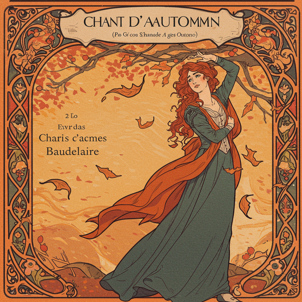 Uma capa vertical em tons predominantemente outonais: laranja queimado, marrom avermelhado e dourado opaco. No centro, uma figura feminina estilizada, vestida com um longo manto esvoaçante em tons de vinho, está de costas, olhando para uma paisagem de árvores desfolhadas. As folhas secas caem suavemente, preenchendo o espaço ao redor da figura. O estilo artístico evoca o simbolismo e o Art Nouveau, com linhas fluidas e elegantes, transmitindo uma sensação de melancolia e beleza efêmera.