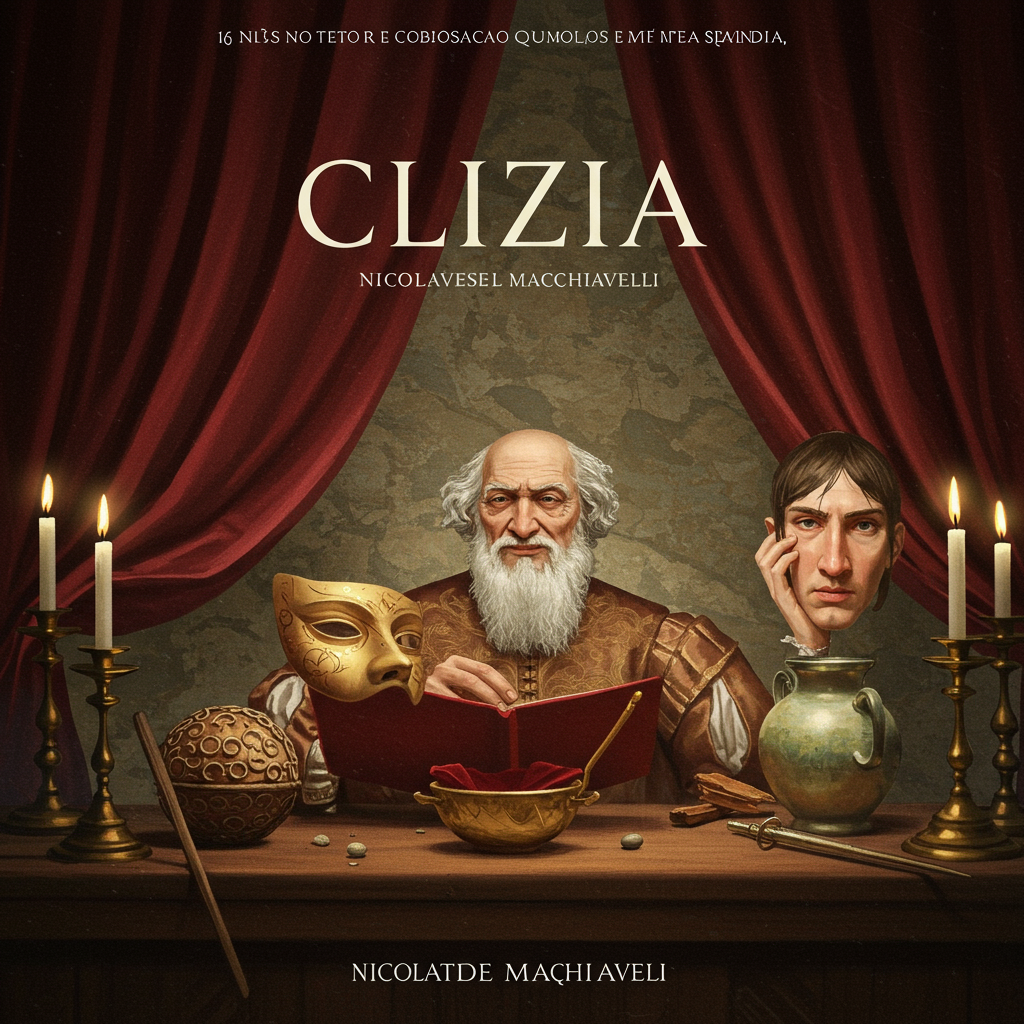 Uma composição vertical com tons terrosos e dourados predominantes. Ao centro, uma máscara teatral rachada, simbolizando a comédia e as falsidades da vida. Ao fundo, um labirinto estilizado com caminhos intrincados, representando as complexas relações e intrigas da trama. Ramos de oliveira secos emolduram a cena, evocando a paisagem toscana e a melancolia da velhice.