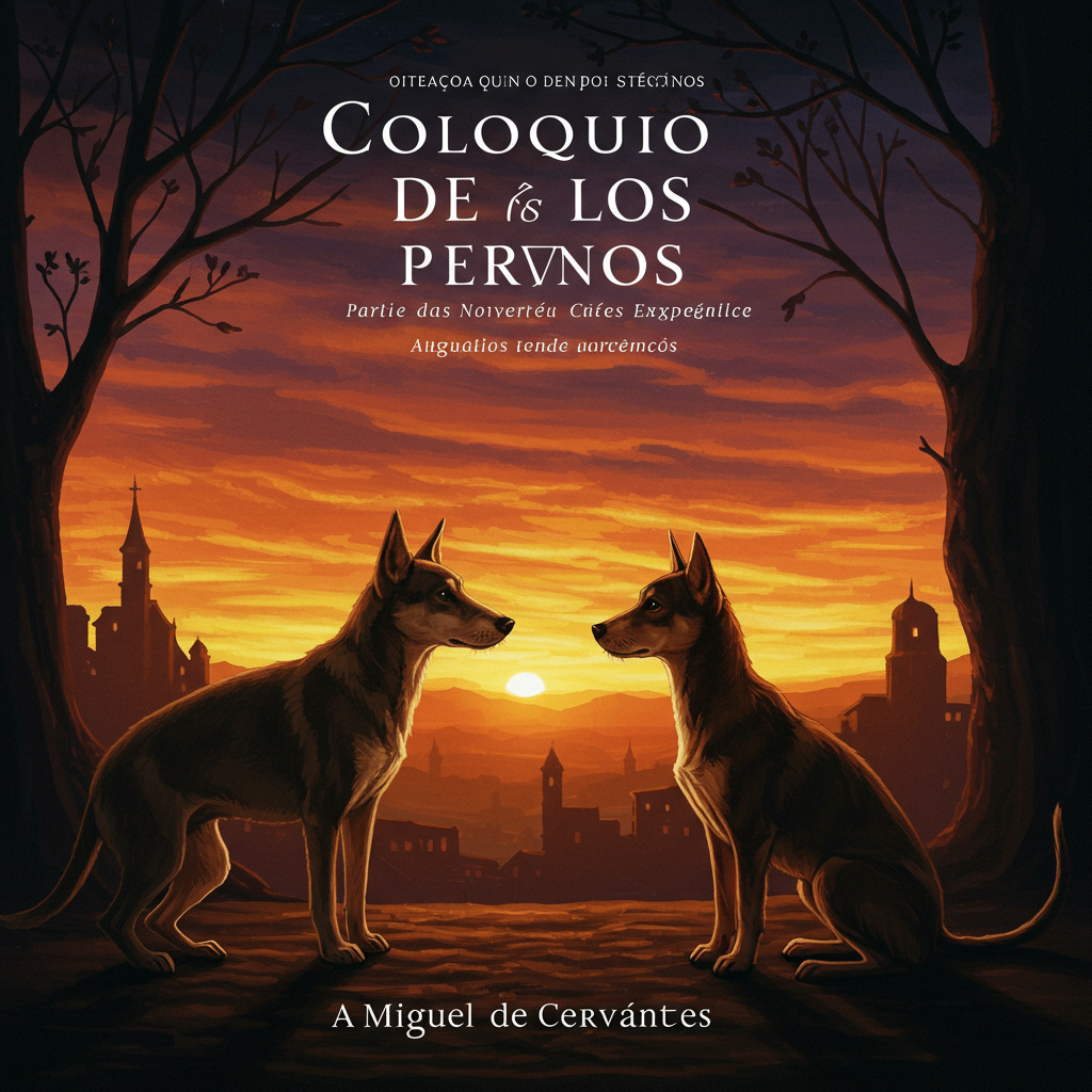 Uma capa com uma composição vertical onde predominam tons terrosos e ocres, representando a aridez da paisagem castelhana. No centro, duas silhuetas de cães em estilo barroco, com expressões pensativas, são emolduradas por uma arquitetura antiga e decadente em tons de cinza. Acima, um céu crepuscular com nuances de laranja e violeta evoca melancolia e reflexão.