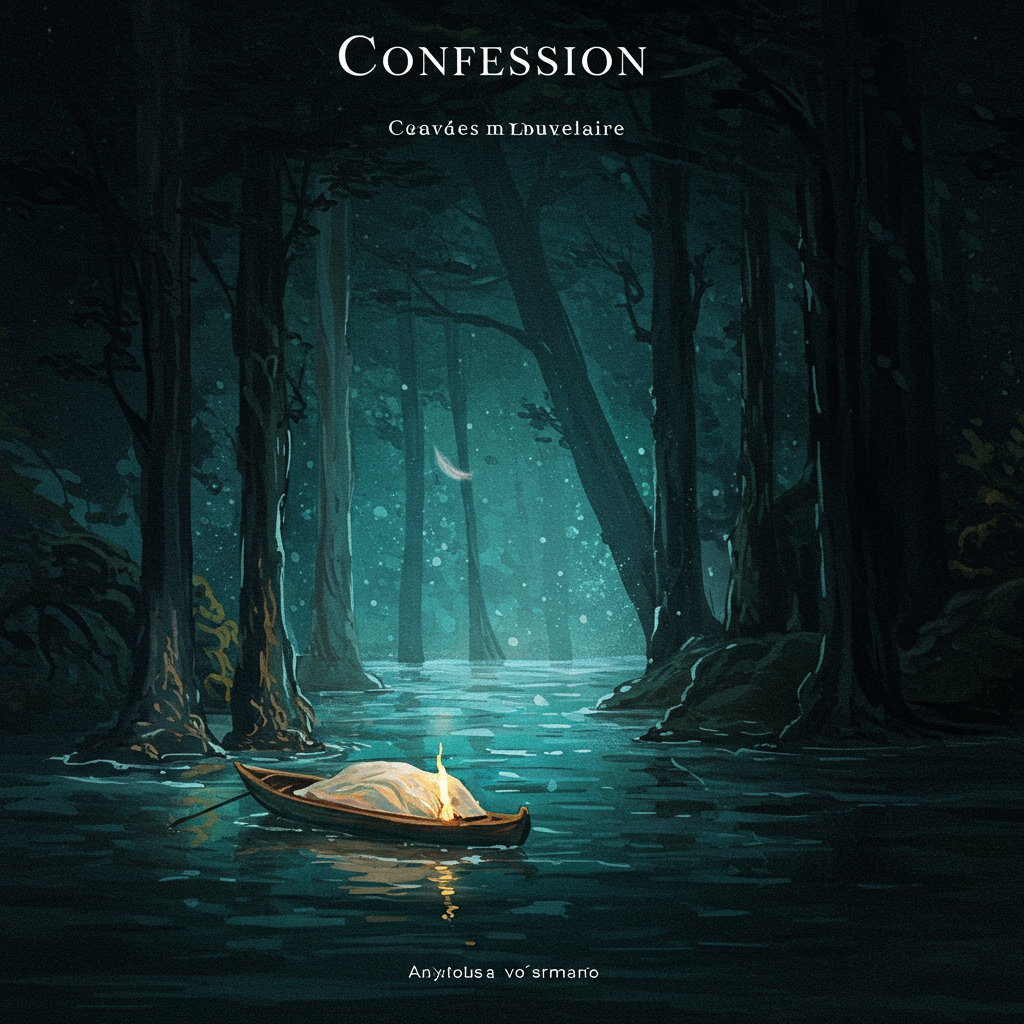 Uma capa com um fundo de pergaminho antigo e rachado, sobreposto por aquarela em tons de azul celeste e cinza esfumaçado, representando a profundidade emocional e a melancolia da obra. Uma pena de escrita antiga, elegantemente estilizada, repousa diagonalmente sobre o pergaminho, simbolizando o ato de confissão e a introspecção. As pinceladas da aquarela são suaves e etéreas, criando uma sensação de nostalgia e contemplação.