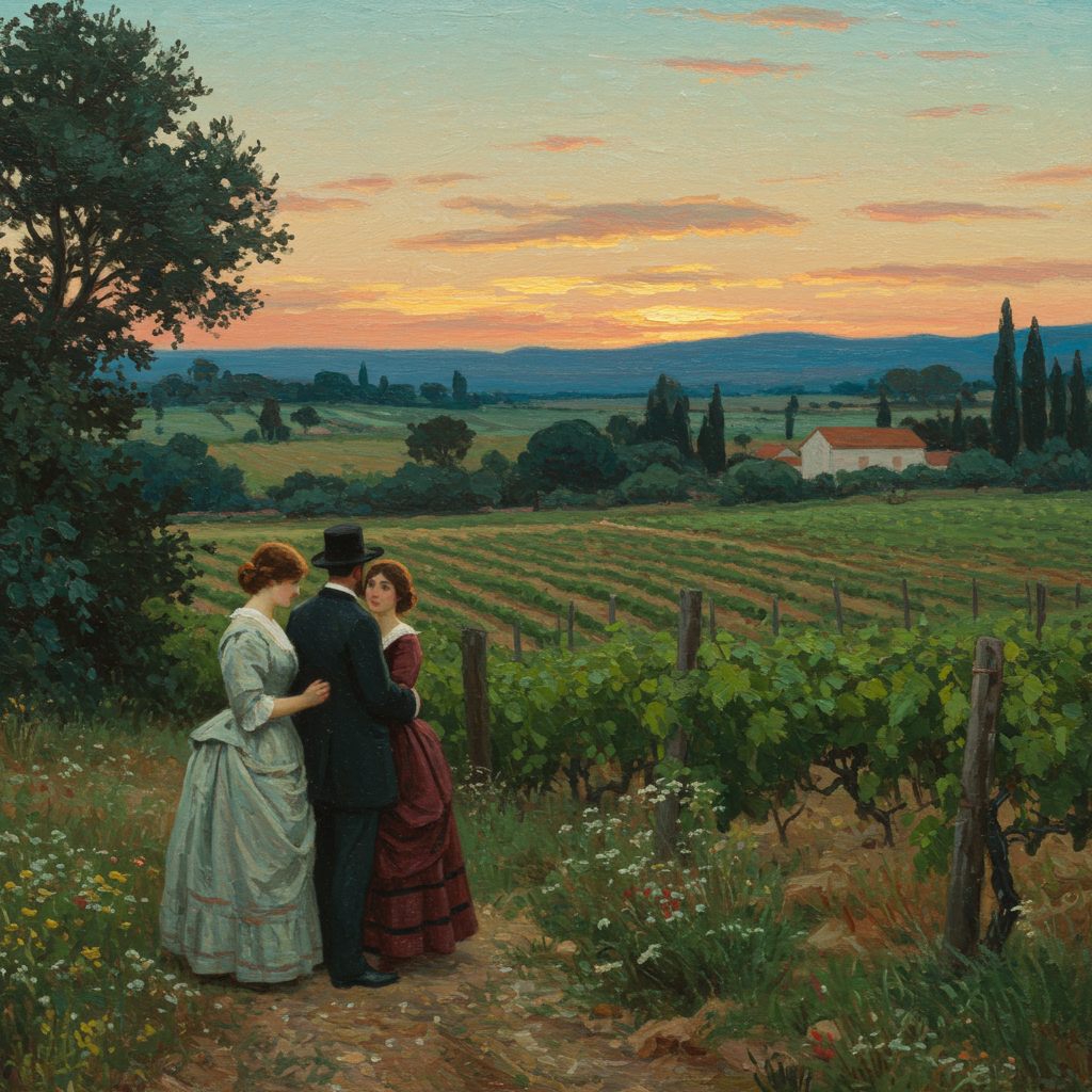 Um campo de lavanda sob um sol poente avermelhado, com a silhueta de uma figura feminina de costas, envolta em um tecido esvoaçante. Ao fundo, montanhas escarpadas em tons de roxo e azul. O estilo artístico é impressionista, com pinceladas soltas e cores vibrantes que capturam a luz e a atmosfera da Provença.