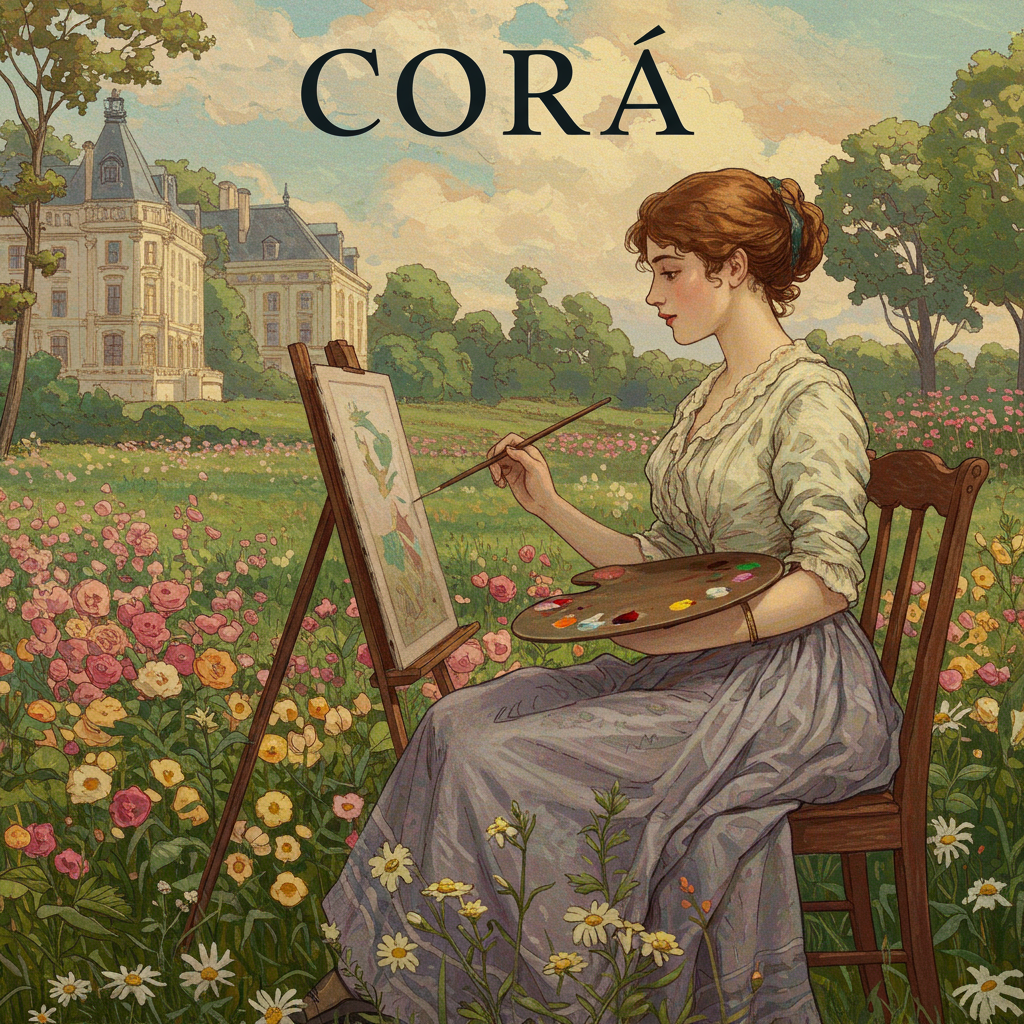 Uma pintura em tons pastel suaves, com predominância de rosa, lilás e verde. Uma jovem mulher, de costas, observa um campo florido, com pincel na mão e uma paleta de cores caída ao chão. Ao fundo, uma arquitetura imponente, porém distante, representando a sociedade da época. O estilo artístico é impressionista, com pinceladas soltas e atmosfera onírica.