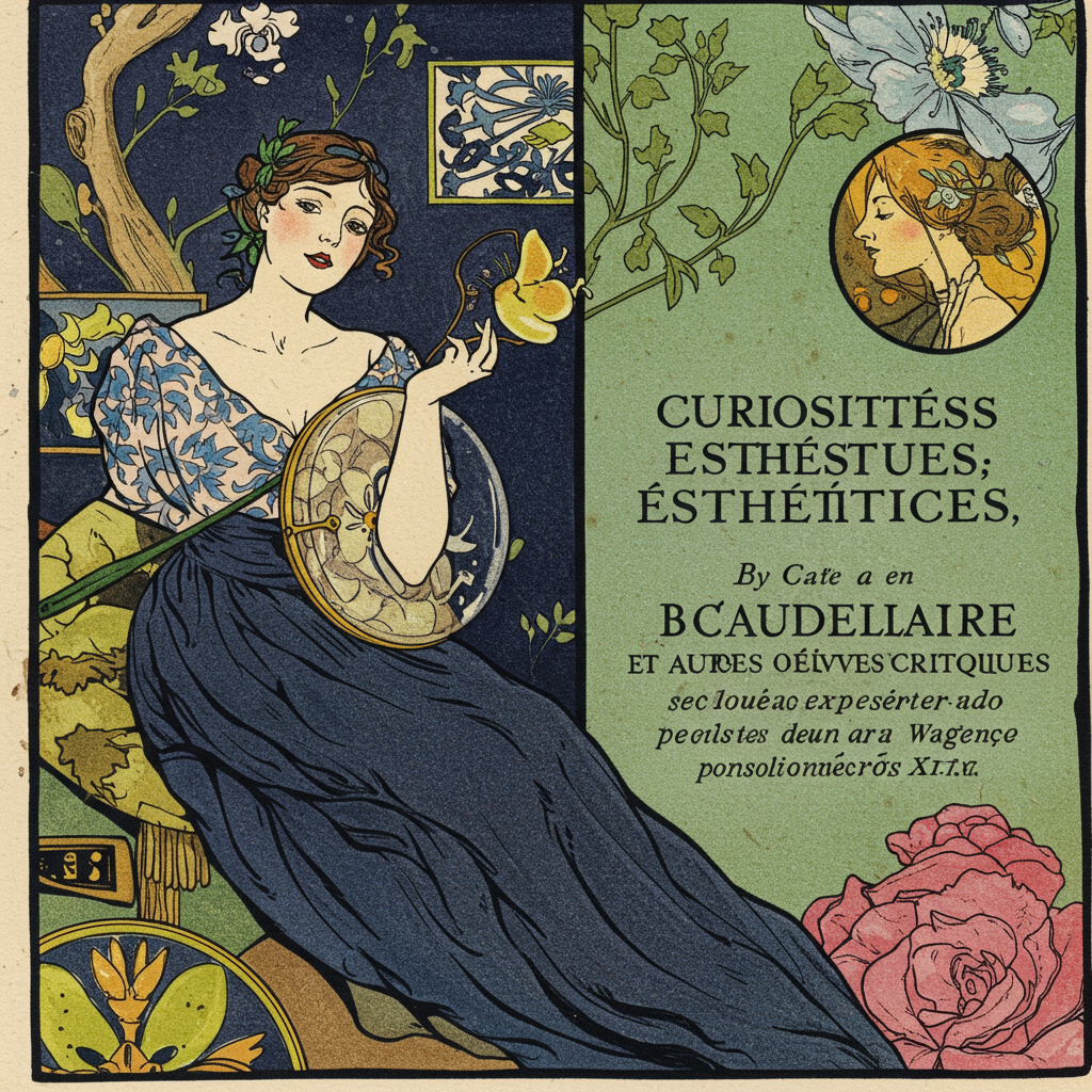 Uma capa vertical (9:16) com um fundo de cores densas e contrastantes: violeta profundo na parte superior, gradualmente transicionando para um cinza esverdeado na base. Uma figura central representando um dândi do século XIX, parcialmente obscurecido por sombras, com um chapéu alto e casaco longo, em frente a um espelho distorcido que reflete uma Paris industrializada e decadente, com chaminés fumegantes e ruas labirínticas. Elementos florais decadentes, como rosas murchas e lírios pálidos, espalhados em primeiro plano.