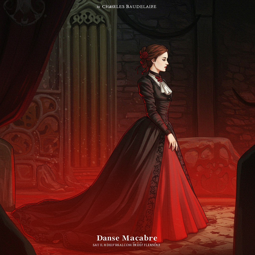 Uma figura esquelética elegantemente vestida conduz uma procissão de figuras decadentes sob a luz espectral da lua. A atmosfera é opressiva, com tons de cinza e vermelho sangue dominando a cena. A imagem evoca uma valsa macabra, onde a beleza e a morte se entrelaçam em um abraço eterno.