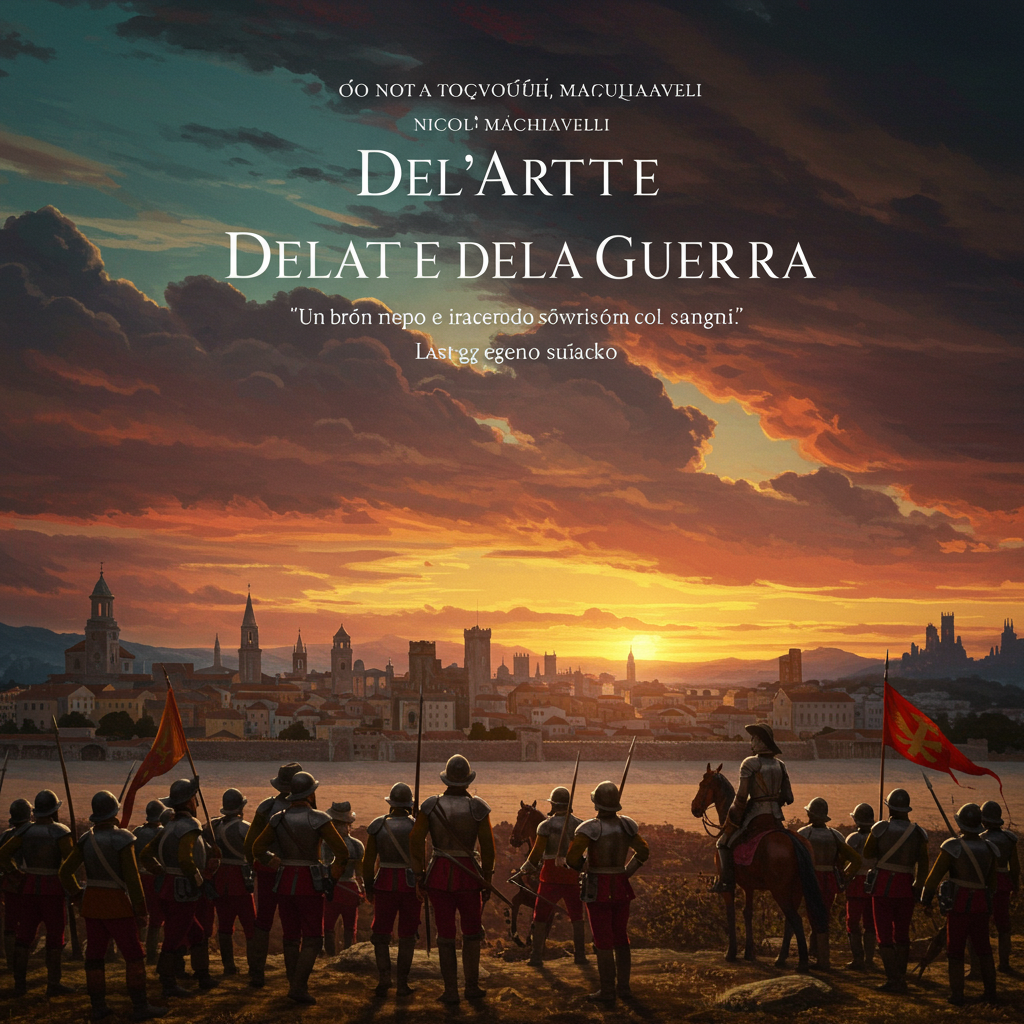 Uma capa vertical, 9:16, apresentando um campo de batalha estilizado com a terra árida em tons de ocre e vermelho-sangue. Silhuetas de soldados em formação militar, não identificáveis individualmente, se erguem contra um céu tempestuoso em tons de cinza e azul-escuro. Ao fundo, uma cidade murada, minimalista, com torres imponentes, quase sombreada, simbolizando a civilização a ser defendida.