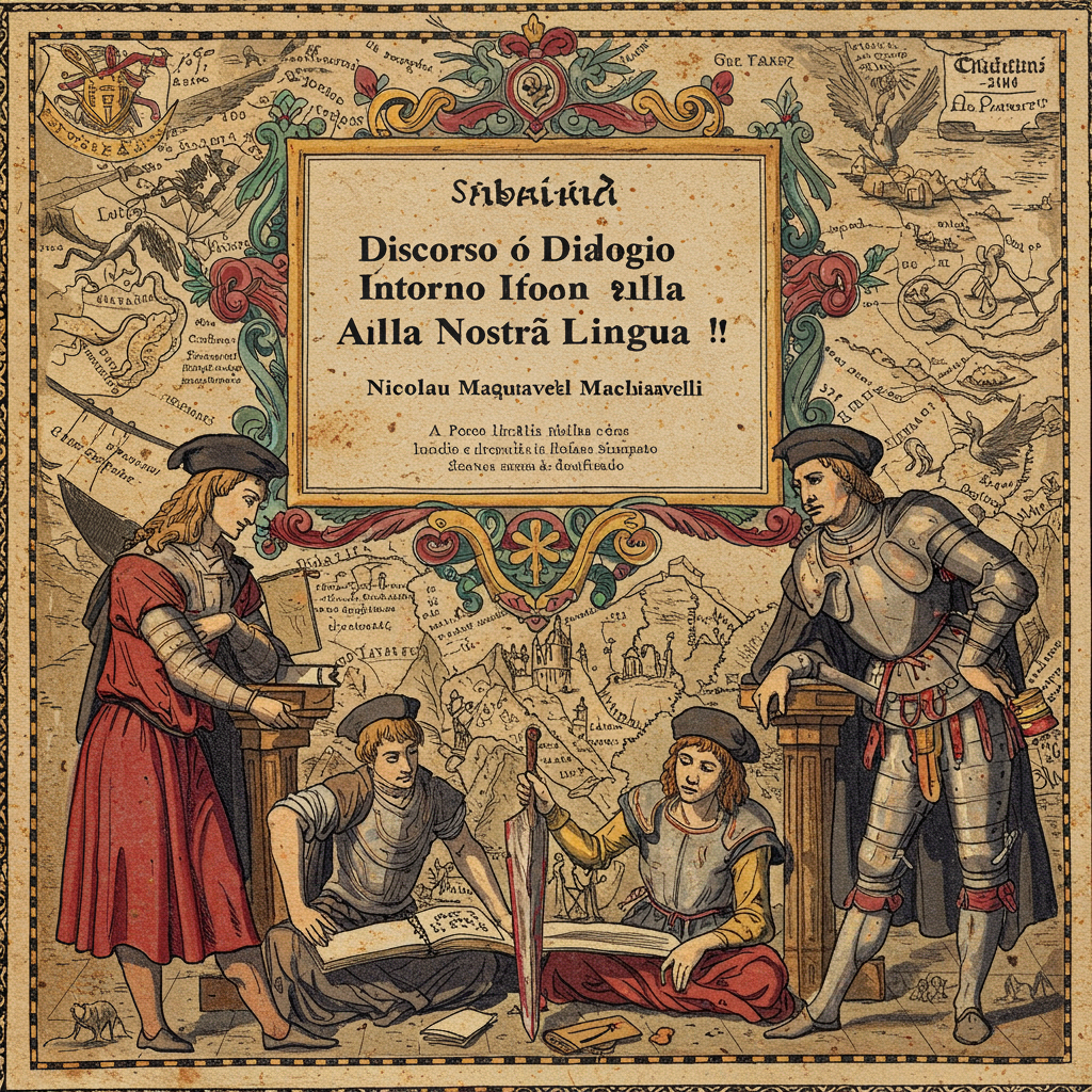 Uma capa em tons de pergaminho envelhecido com detalhes em vermelho e dourado. Ao centro, uma pena de pena estilizada repousa sobre um livro aberto, cujas páginas parecem fluir como água. Ao fundo, uma leve textura que remete a mapas antigos, com uma sutil referência ao mapa da Itália.