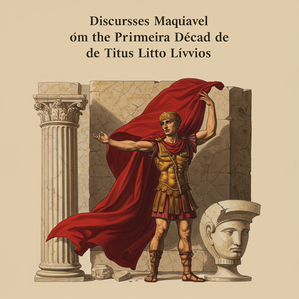 Uma capa em tons de vermelho-sangue e ocre, representando o fervor da política e a solidez da história. No centro, uma balança antiga, sutilmente inclinada, simbolizando a busca por equilíbrio entre poder e justiça. Ao fundo, um mosaico fragmentado que remete à complexidade da República Romana.