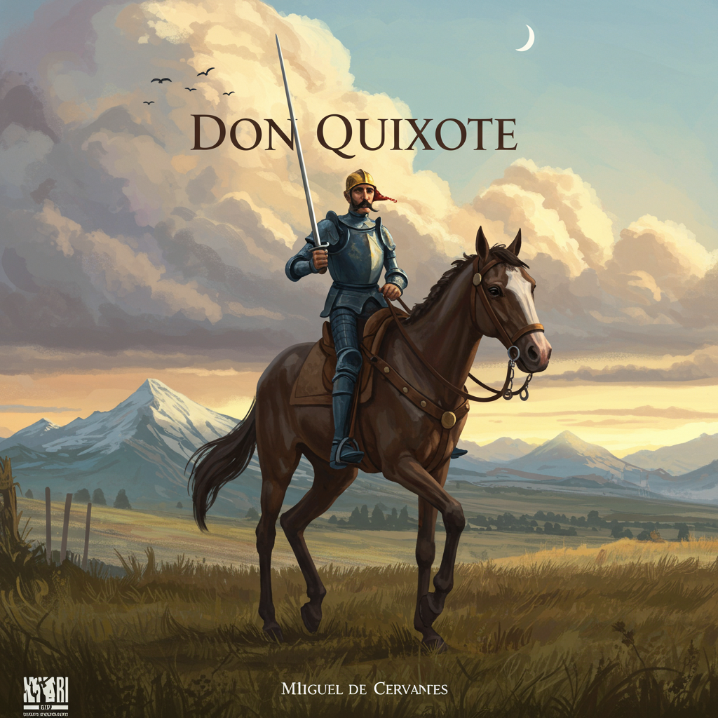 Uma capa com tons de terra e azul celeste, representando a paisagem espanhola. Uma figura estilizada de um cavaleiro montado em um cavalo magro, enfrentando um moinho de vento gigante. O sol poente projeta sombras alongadas, criando um contraste entre a grandiosidade da aventura e a fragilidade do protagonista.