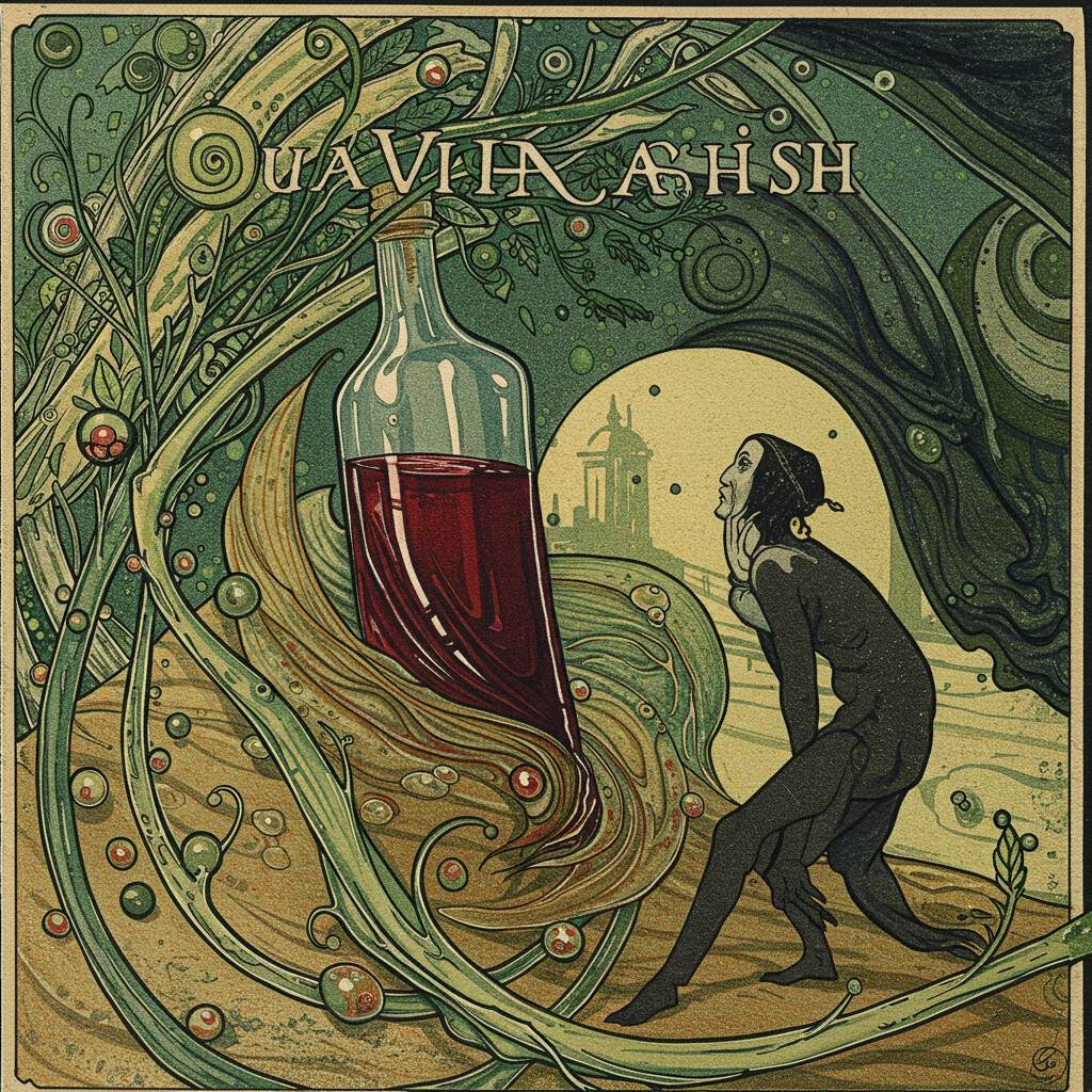 Uma figura sombria, envolta em tons de verde esmeralda e púrpura profundo, tenta alcançar uma taça de vinho turvo que flutua, escapando constantemente de seus dedos. Ao fundo, padrões geométricos distorcidos sugerem uma realidade fragmentada, enquanto uma névoa densa obscurece o contorno de uma janela gótica.