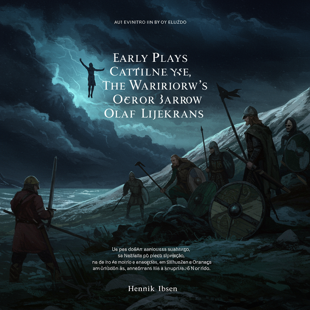 Capa escura e tempestuosa, com predomínio de tons de azul profundo e cinza nebuloso. Silhuetas de guerreiros nórdicos em primeiro plano, com lanças erguidas contra um céu carregado. Ao fundo, a sugestão de uma paisagem montanhosa e agreste, com contornos estilizados de um túmulo Viking. O estilo artístico é sombrio e épico, com elementos de realismo mágico, transmitindo a grandiosidade e melancolia das sagas nórdicas.