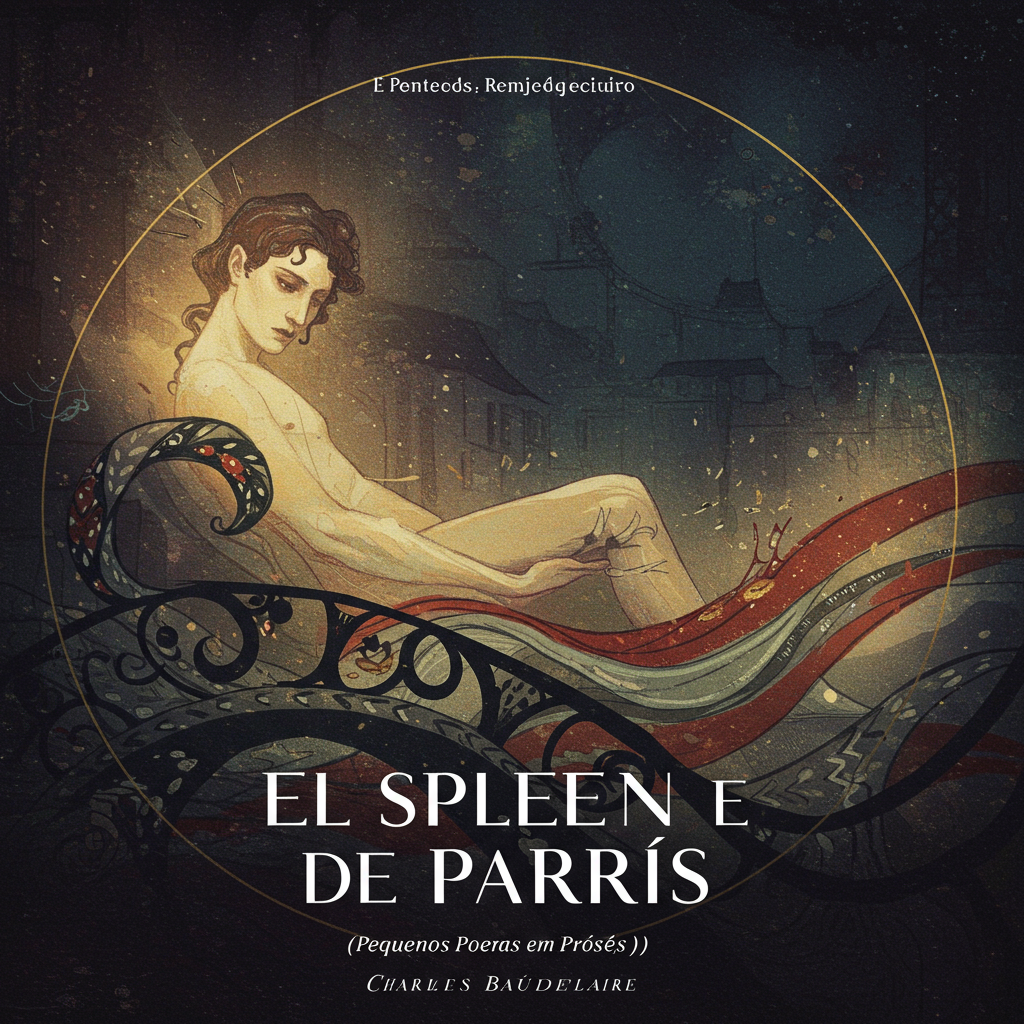 Uma capa com um fundo em tons de cinza e azul esfumaçado, representando o céu nublado de Paris. Uma figura solitária, estilizada e andrógina, vestida em tons escuros, está de costas para o espectador, observando uma miríade de formas geométricas fragmentadas que flutuam no ar, evocando a complexidade e a fragmentação da experiência urbana. Uma fina linha dourada serpenteia entre as formas, representando a tênue esperança e a busca pela beleza em meio ao caos.