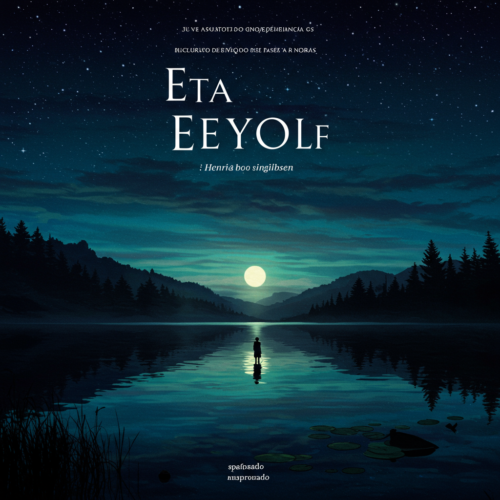 Uma capa vertical com um lago calmo e escuro refletindo o céu noturno estrelado. A margem do lago é sombria, quase indistinguível, com a silhueta tênue de uma bengala apoiada na margem. Uma única estrela cadente corta o céu, deixando um rastro efêmero de luz fria. O estilo é realista, mas com uma atmosfera melancólica e etérea.