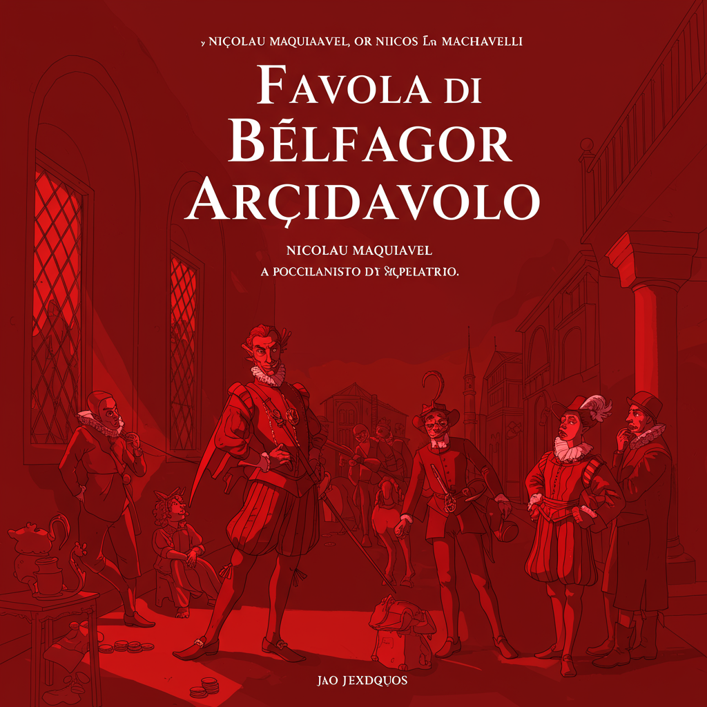 Uma capa vertical em tons de vermelho infernal e dourado opulento. No centro, a silhueta de um demônio vestido como um nobre renascentista, com chifres discretos e um olhar astuto. Ao fundo, um labirinto intrincado de ruas florentinas, estilizadas como um cenário teatral. Detalhes em preto fuligem insinuam a corrupção e os subterfúgios.