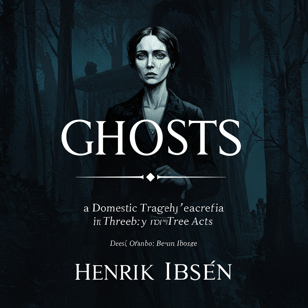 Uma imagem vertical em tons sombrios de azul e cinza. Na parte superior, uma janela em estilo vitoriano com a vidraça embaçada pela chuva e orvalho. Através da janela, vagamente visível, a silhueta escura de um homem doente, apoiado em uma bengala. Na parte inferior, raízes retorcidas e escuras de uma árvore invadem o plano, simbolizando a herança enraizada e inescapável do passado. A atmosfera geral é opressiva e carregada.