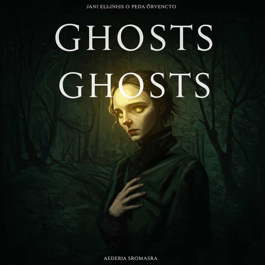 Uma capa com um fundo sombrio e turvo, predominando tons de cinza e verde musgo, simbolizando a atmosfera sufocante e doentia. No centro, a silhueta esmaecida de uma figura feminina de costas, com um halo de luz fraca e amarelada ao redor da cabeça, representando a matriarca Mrs. Alving presa ao seu destino. Um padrão sutil de teias de aranha se espalha pela imagem, aludindo aos segredos e à influência do passado que aprisionam os personagens.