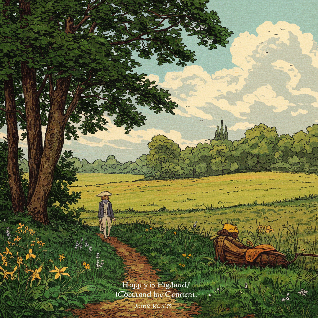 Um campo inglês verdejante sob um céu nublado e melancólico. Uma pena de escrita solitária, parcialmente submersa na grama, com uma leve névoa matinal envolvendo a paisagem. As cores predominantes são tons suaves de verde, cinza azulado e toques de dourado onde o sol tenta romper as nuvens.