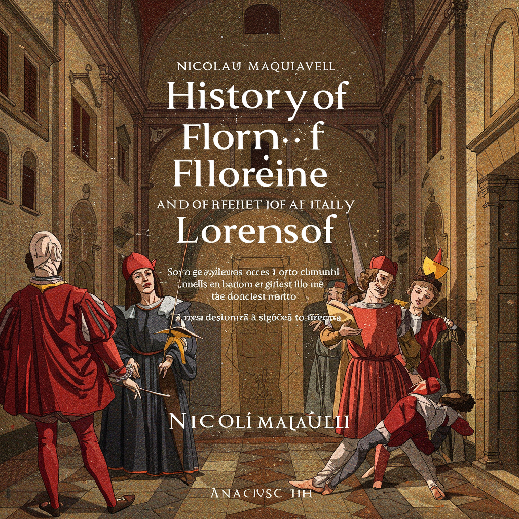 Uma capa com um fundo em tons de ocre e vermelho escuro, representando a riqueza e o sangue derramado na história florentina. No centro, uma estilização geométrica do Palazzo Vecchio, distorcida e fragmentada, simbolizando a instabilidade política. Uma pena de pena escura repousa obliquamente sobre o Palazzo, insinuando o poder da escrita e da narrativa na construção da história. Estilo renascentista com toques modernos de abstração.