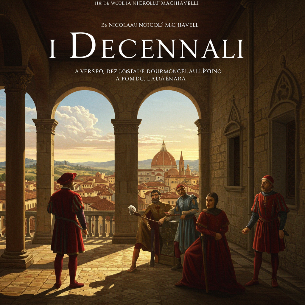 Uma capa com um fundo em tons de vermelho-sangue e dourado envelhecido, com a silhueta escura de um cavaleiro medieval em armadura polida. Ao fundo, uma vista estilizada da cidade de Florença com torres e muralhas, envolta em névoa densa e ameaçadora. Na parte inferior, um brasão florentino estilizado, rachado e desgastado, como se tivesse sobrevivido a muitas batalhas.