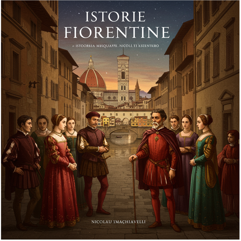 Uma pintura a óleo em tons sombrios de vermelho e dourado, representando uma vista noturna da Ponte Vecchio em Florença. Silhuetas de figuras sombrias em vestes renascentistas se movem na ponte, enquanto brasões de famílias nobres (como os Médici) flutuam como espectros no céu acima. Uma adaga quebrada jaz no primeiro plano, simbolizando a violência e a traição.