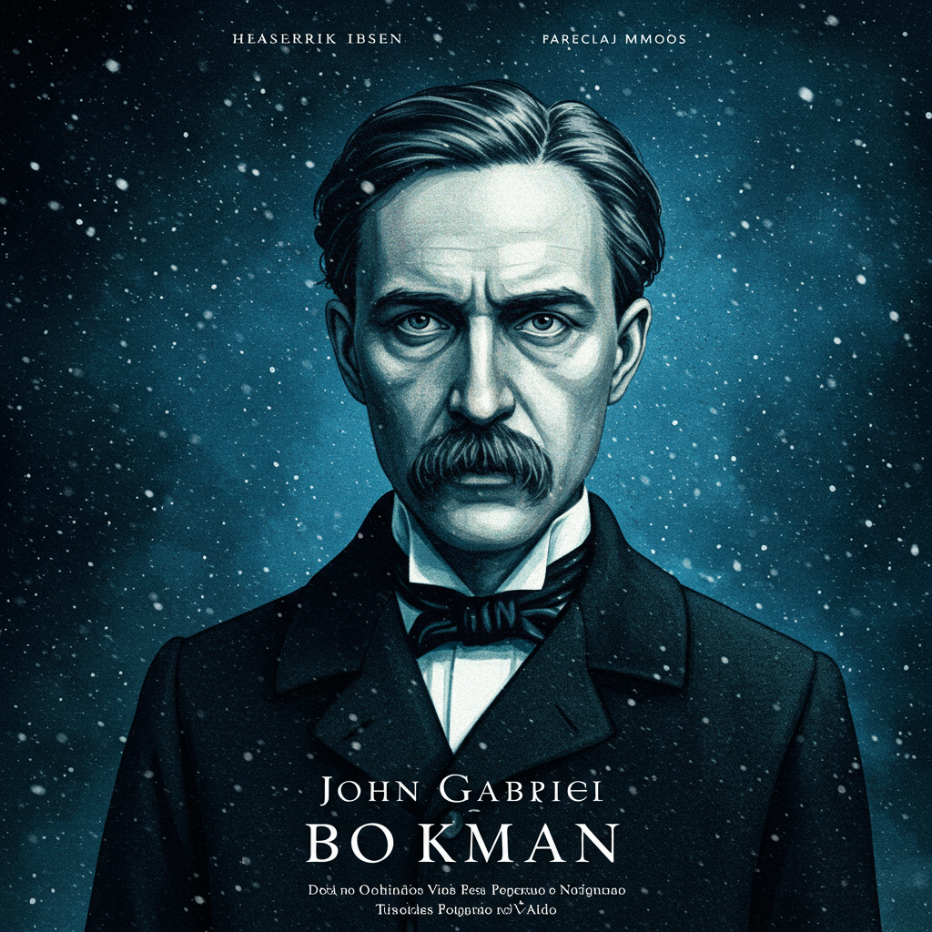 Uma composição vertical onde predomina o azul gélido e o cinza. Uma figura sombria, vestida formalmente, está de costas, olhando para uma paisagem invernal desolada, com árvores retorcidas e neve acumulada. Uma mansão imponente, porém escura e isolada, se ergue ao fundo, sugerindo opulência decadente. Rachaduras finas e sinuosas percorrem a imagem, como veios em mármore, simbolizando a fragilidade e o colapso.