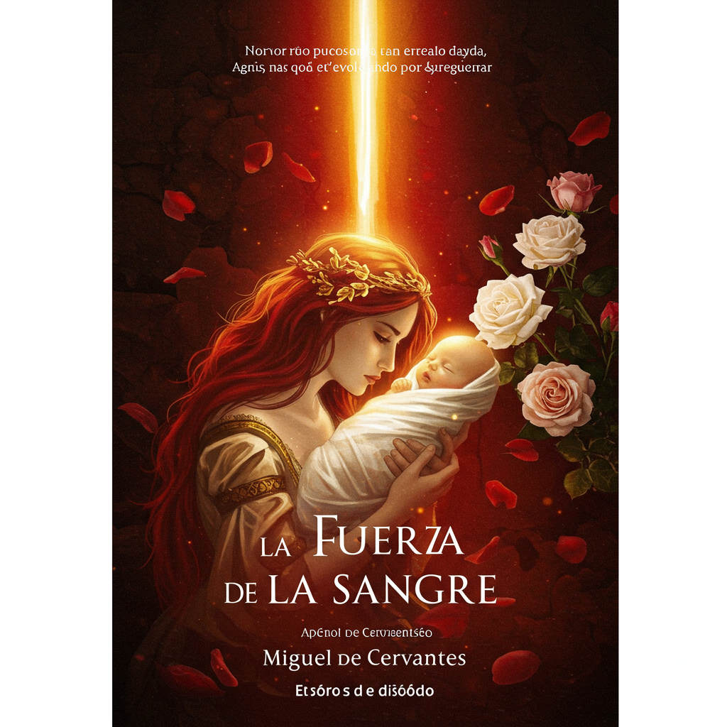 Uma composição vertical em tons de vermelho escuro e ocre, representando o sangue e a terra. No centro, a silhueta estilizada de uma mulher, com um único raio de luz dourada iluminando seu rosto. Abaixo, uma fina linha representando a figura de um bebê, envolta em panos brancos. O estilo artístico evoca a pintura renascentista, com um toque de drama barroco.