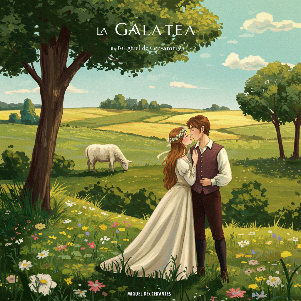 Uma ilustração em aquarela em tons suaves de verde, dourado e azul celeste. No centro, duas figuras pastorais delicadas, uma feminina e outra masculina, separadas por um riacho sinuoso. Flores silvestres vibrantes, como margaridas e lavandas, adornam a margem, enquanto um céu crepuscular sutilmente iluminado se estende ao fundo. A composição evoca uma atmosfera de melancolia e contemplação amorosa.